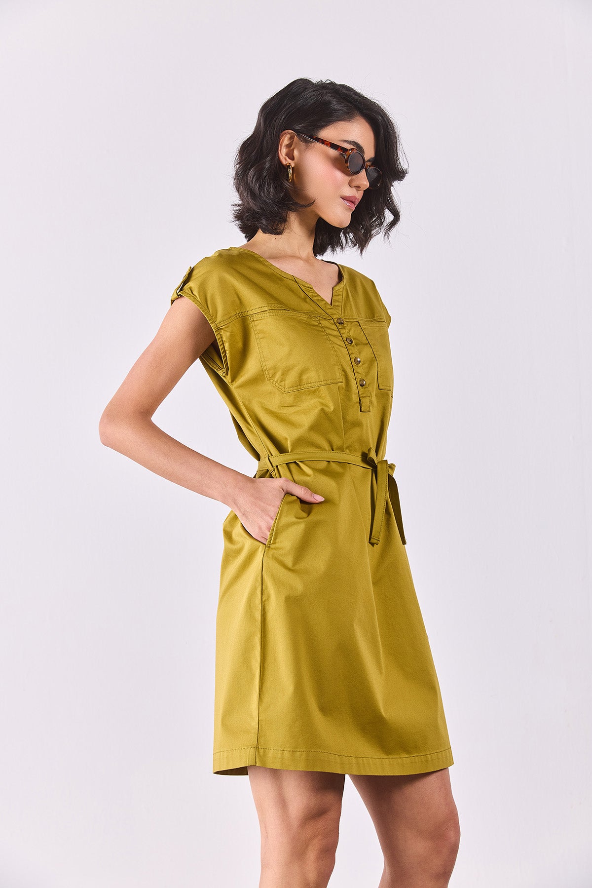 Kadın Riva Önü Düğmeli Regular Fit Gabardin Elbise - Yağ Yeşili