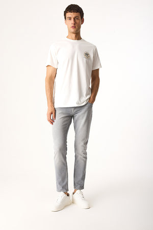 Erkek Sakura Baskılı Bisiklet Yaka Regular Fit Tişört %100 Pamuk - Fildişi