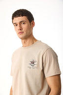 Erkek Sakura Baskılı Bisiklet Yaka Regular Fit Tişört %100 Pamuk - Vizon