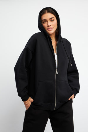 Kadın Sallina Kapüşonlu Fermuarlı Oversize Sweatshirt - Siyah