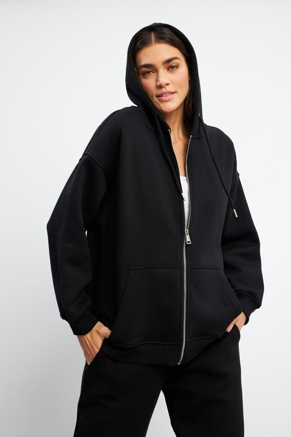 Kadın Sallina Kapüşonlu Fermuarlı Oversize Sweatshirt - Siyah