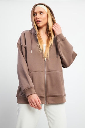Kadın Sallina Kapüşonlu Fermuarlı Oversize Sweatshirt - Vizon