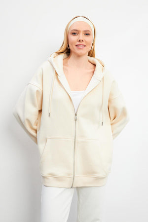 Kadın Sallina Kapüşonlu Fermuarlı Oversize Sweatshirt - Kemik