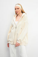 Kadın Sallina Kapüşonlu Fermuarlı Oversize Sweatshirt - Kemik