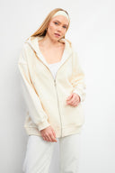 Kadın Sallina Kapüşonlu Fermuarlı Oversize Sweatshirt - Kemik