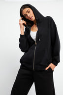 Kadın Sallina Kapüşonlu Fermuarlı Oversize Sweatshirt - Siyah