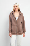 Kadın Sallina Kapüşonlu Fermuarlı Oversize Sweatshirt - Vizon
