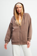 Kadın Sallina Kapüşonlu Fermuarlı Oversize Sweatshirt - Vizon