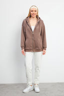 Kadın Sallina Kapüşonlu Fermuarlı Oversize Sweatshirt - Vizon