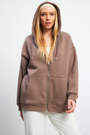 Kadın Sallina Kapüşonlu Fermuarlı Oversize Sweatshirt - Vizon