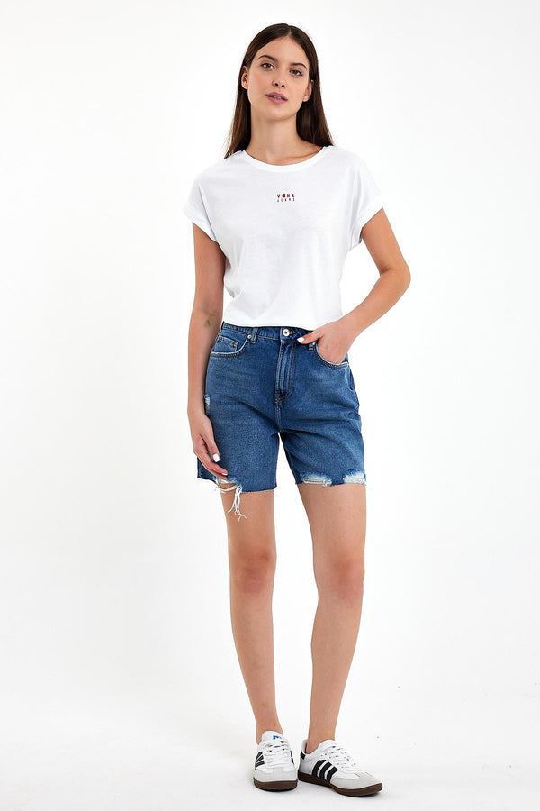 Kadın Sementa Bermuda Dark Blue Jean Şort %100 Pamuk - Dark Blue