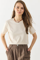 Kadın Sıfır Yaka Rahat Kalıp Kalın Süprem Tişört %100 Pamuk - Naturel
