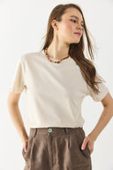 Kadın Sıfır Yaka Rahat Kalıp Kalın Süprem Tişört %100 Pamuk - Naturel