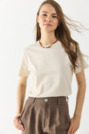Kadın Sıfır Yaka Rahat Kalıp Kalın Süprem Tişört %100 Pamuk - Naturel