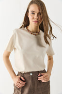 Kadın Sıfır Yaka Rahat Kalıp Kalın Süprem Tişört %100 Pamuk - Naturel
