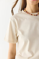 Kadın Sıfır Yaka Rahat Kalıp Kalın Süprem Tişört %100 Pamuk - Naturel