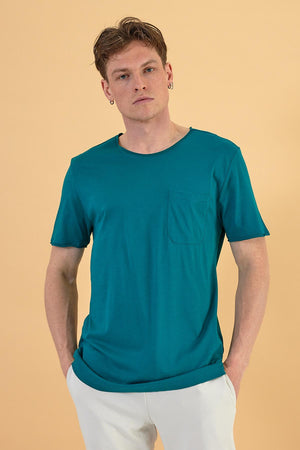 Erkek Simon Bisiklet Yaka Cep Detaylı Basic Tişört %100 Pamuk - Orman