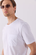 Erkek Simon Bisiklet Yaka Cep Detaylı Basic Tişört %100 Pamuk - Beyaz