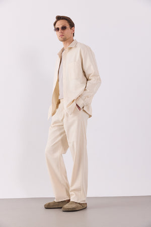 Erkek Steve Baggy Fit Beli Lastikli Naturel Pantolon %100 Pamuk - Naturel