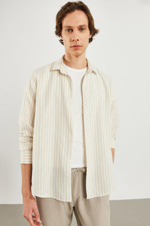 Erkek Steven Regular Fit Çizgili Oxford Gömlek %100 Pamuk - Bej Çizgili