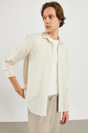 Erkek Steven Regular Fit Çizgili Oxford Gömlek %100 Pamuk - Bej Çizgili