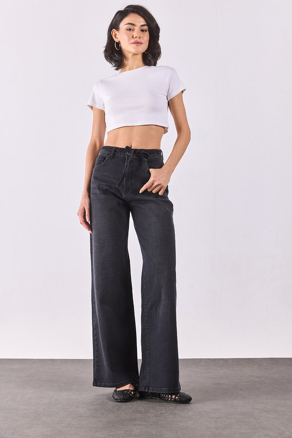 Sydney Kemer Detaylı Black Wide Leg Jean Pantolon - BLACK