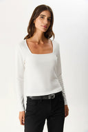 Kadın Tara Kare Yaka Tişört - Beyaz