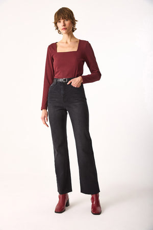 Kadın Tara Kare Yaka Tişört - Bordo