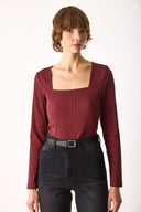 Kadın Tara Kare Yaka Tişört - Bordo