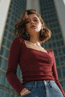 Tara Kare Yaka Tişört-Bordo