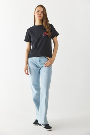 Kadın Taş Detaylı Tişört %100 Pamuk - Siyah