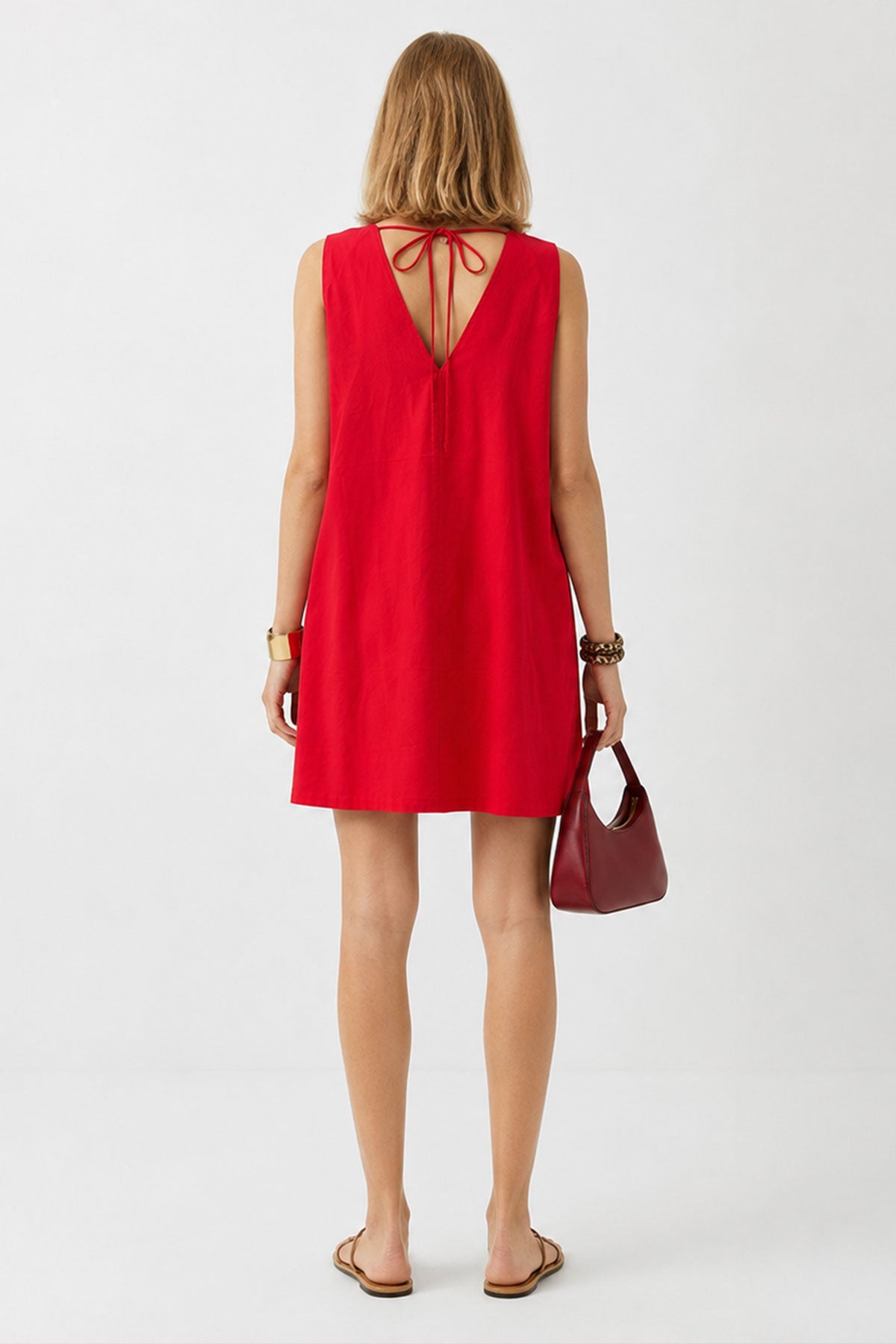 V Yaka Sırtı Detaylı Elbise-Kırmızı
