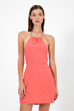 Kadın Valeri Boyundan Bağlamalı Keten Elbise - Nar Çiçeği