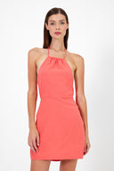 Kadın Valeri Boyundan Bağlamalı Keten Elbise - Nar Çiçeği