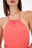 Kadın Valeri Boyundan Bağlamalı Keten Elbise - Nar Çiçeği