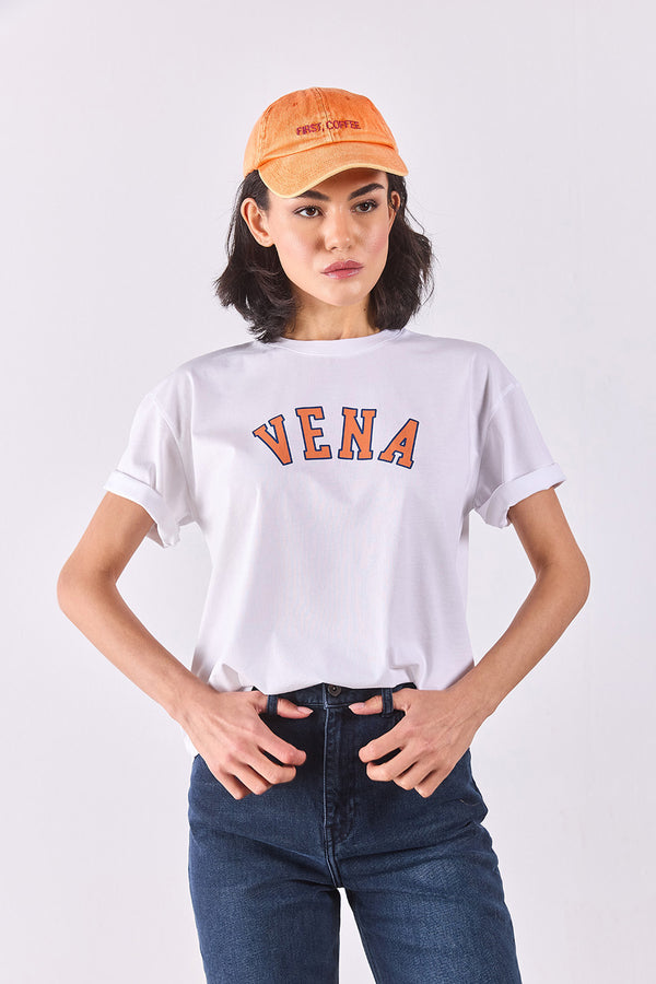 Vena Jeans Baskılı Bisiklet Yaka Regular Fit Tişört - BEYAZ