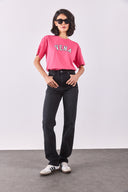 Kadın Vena Jeans Baskılı Bisiklet Yaka Regular Fit Tişört %100 Pamuk - Fuşya