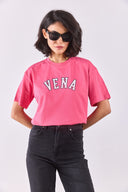Kadın Vena Jeans Baskılı Bisiklet Yaka Regular Fit Tişört %100 Pamuk - Fuşya
