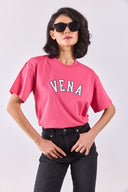 Kadın Vena Jeans Baskılı Bisiklet Yaka Regular Fit Tişört %100 Pamuk - Fuşya