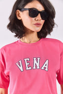 Kadın Vena Jeans Baskılı Bisiklet Yaka Regular Fit Tişört %100 Pamuk - Fuşya