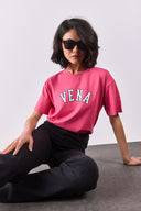 Kadın Vena Jeans Baskılı Bisiklet Yaka Regular Fit Tişört %100 Pamuk - Fuşya