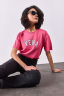 Kadın Vena Jeans Baskılı Bisiklet Yaka Regular Fit Tişört %100 Pamuk - Fuşya