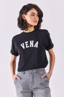 Kadın Vena Jeans Baskılı Bisiklet Yaka Regular Fit Tişört %100 Pamuk - Siyah