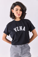 Kadın Vena Jeans Baskılı Bisiklet Yaka Regular Fit Tişört %100 Pamuk - Siyah