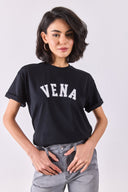 Kadın Vena Jeans Baskılı Bisiklet Yaka Regular Fit Tişört %100 Pamuk - Siyah