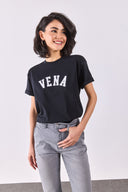 Kadın Vena Jeans Baskılı Bisiklet Yaka Regular Fit Tişört %100 Pamuk - Siyah