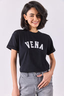 Kadın Vena Jeans Baskılı Bisiklet Yaka Regular Fit Tişört %100 Pamuk - Siyah