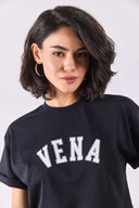 Kadın Vena Jeans Baskılı Bisiklet Yaka Regular Fit Tişört %100 Pamuk - Siyah