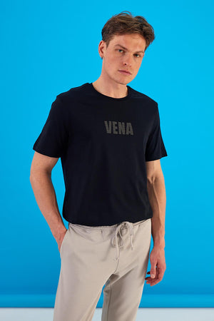 Erkek Vena Logo Baskılı Bisiklet Yaka Tişört %100 Pamuk - Siyah