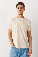 Erkek Vena Logo Baskılı Bisiklet Yaka Tişört %100 Pamuk - Bej